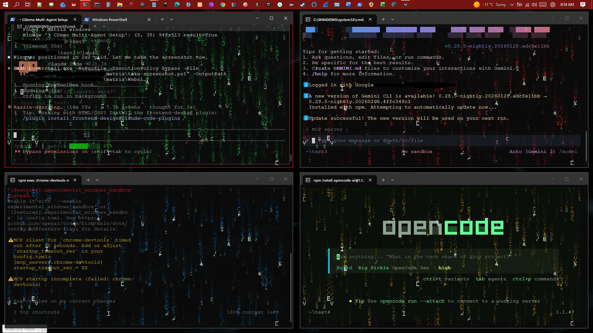4 Matrix shader windows in Quads layout - 2x2 grid, each a different color running different AI coding tools